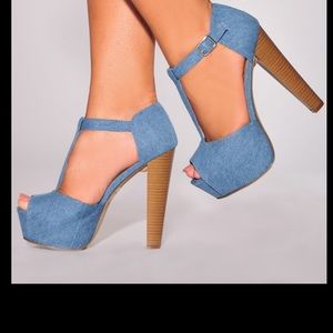 Denim T-Strap Wooden High Heel Sandals